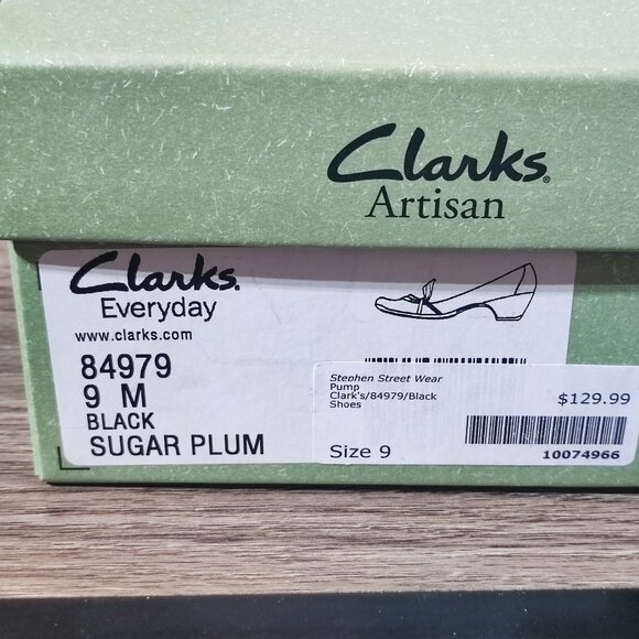 Clarks Everyday Sugar Plum Leather Pumps 9 Black Block Heel Slip On Dress Shoes - Picture 11 of 16